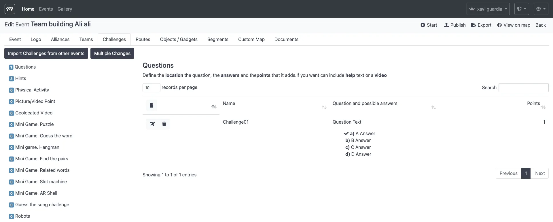 Challenges list showing all challenges configured for an event