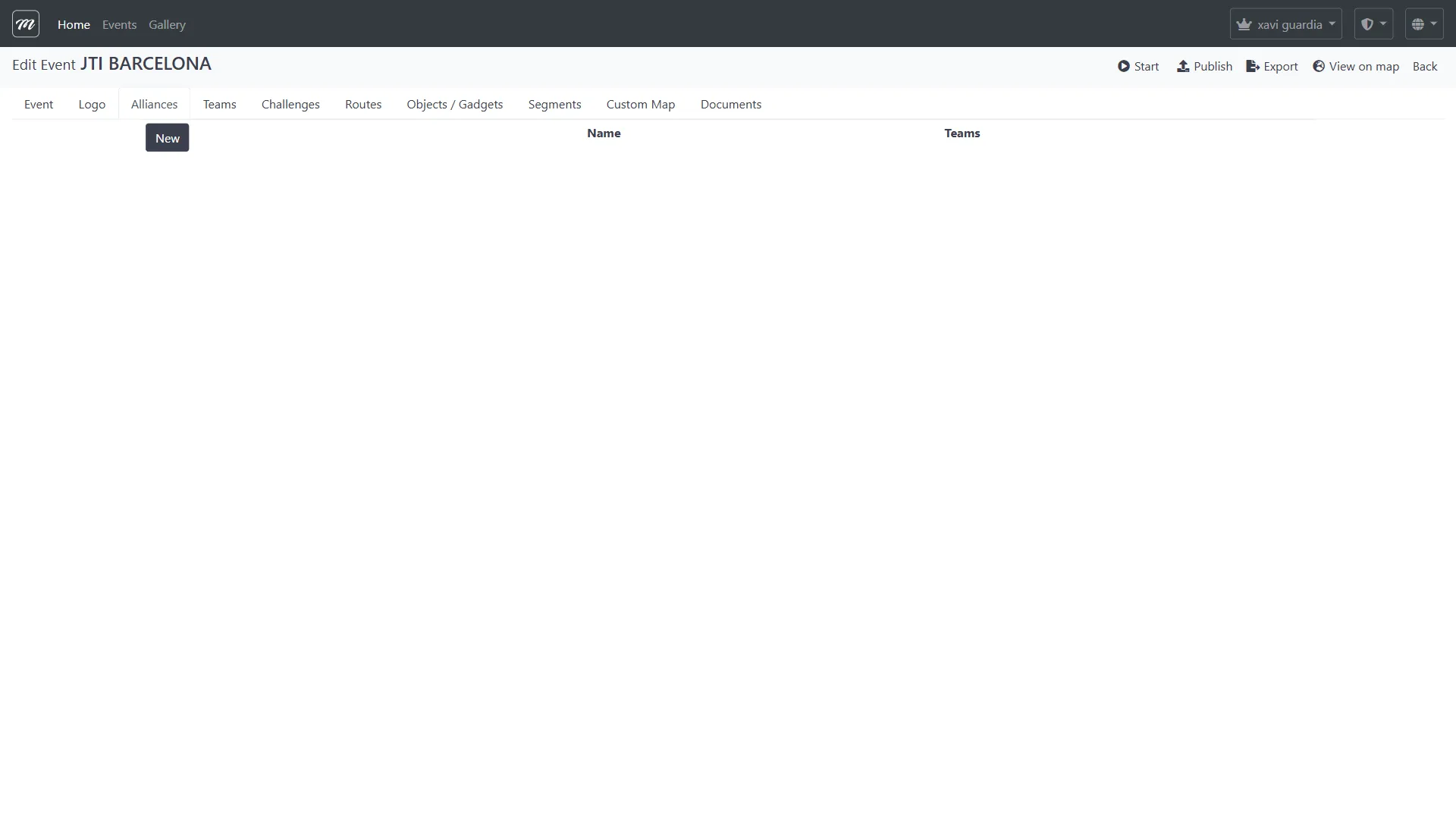 Pestaña Alliances mostrando la lista vacía de alianzas