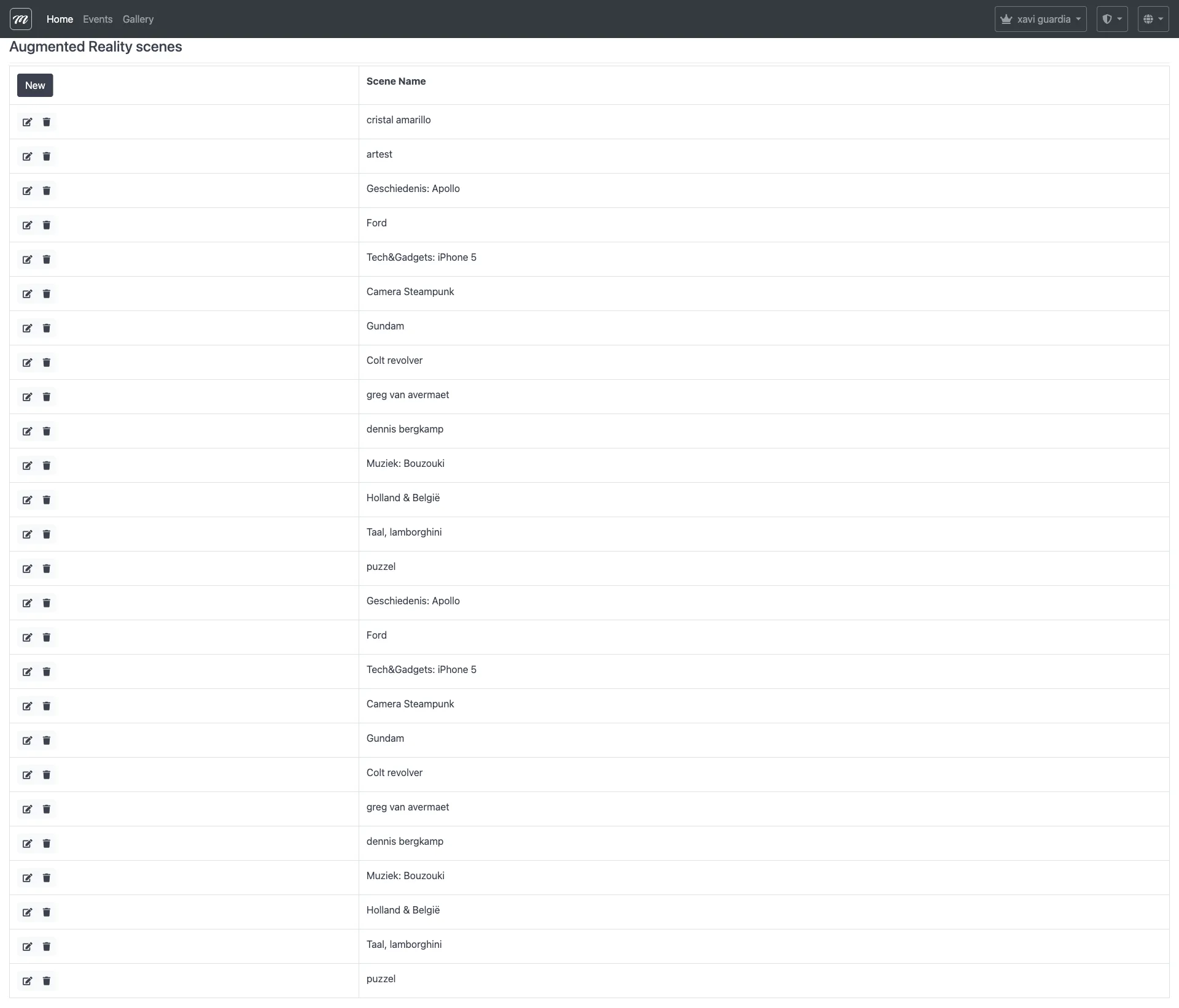 AR Scenes management page