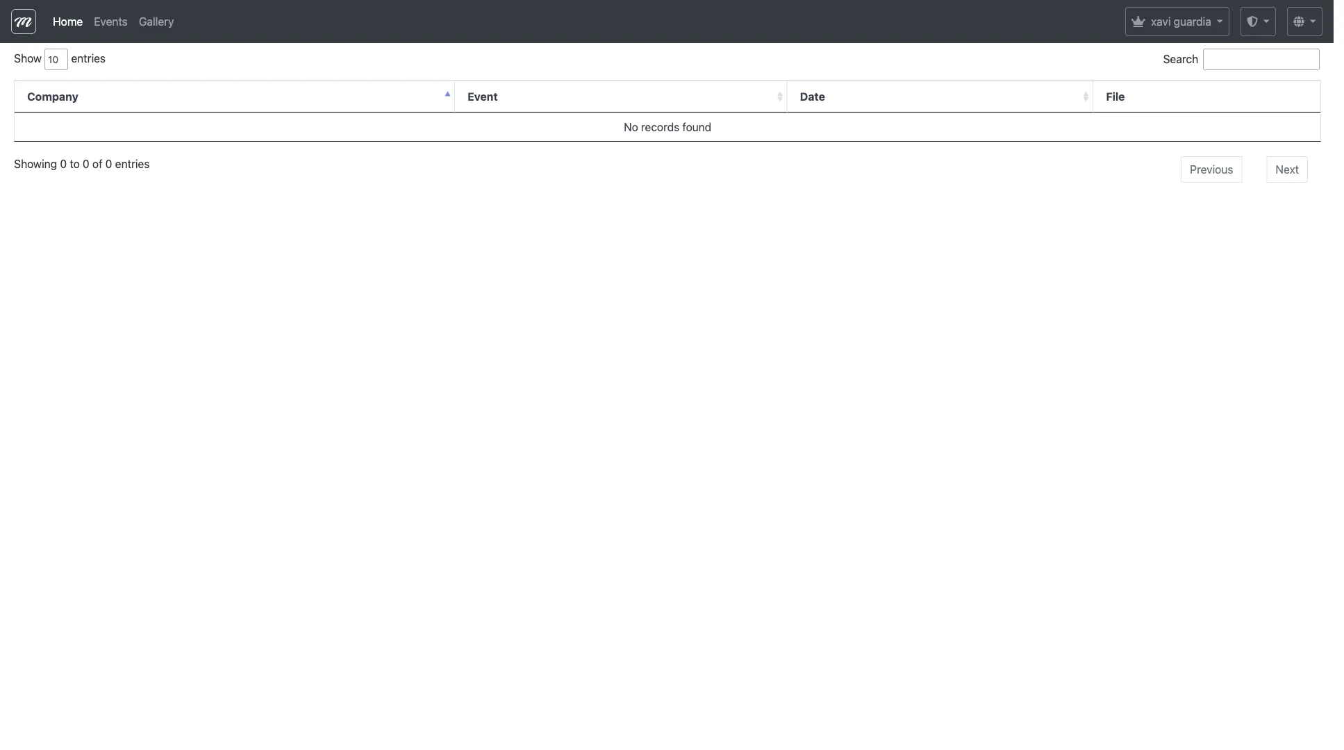 Lista de resultados archivados con columnas de Company, Event, Date y File