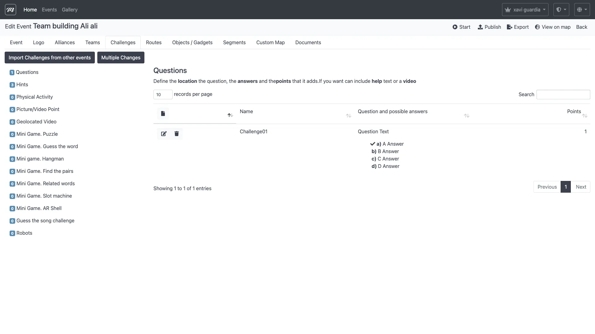 Lista de retos mostrando los retos creados