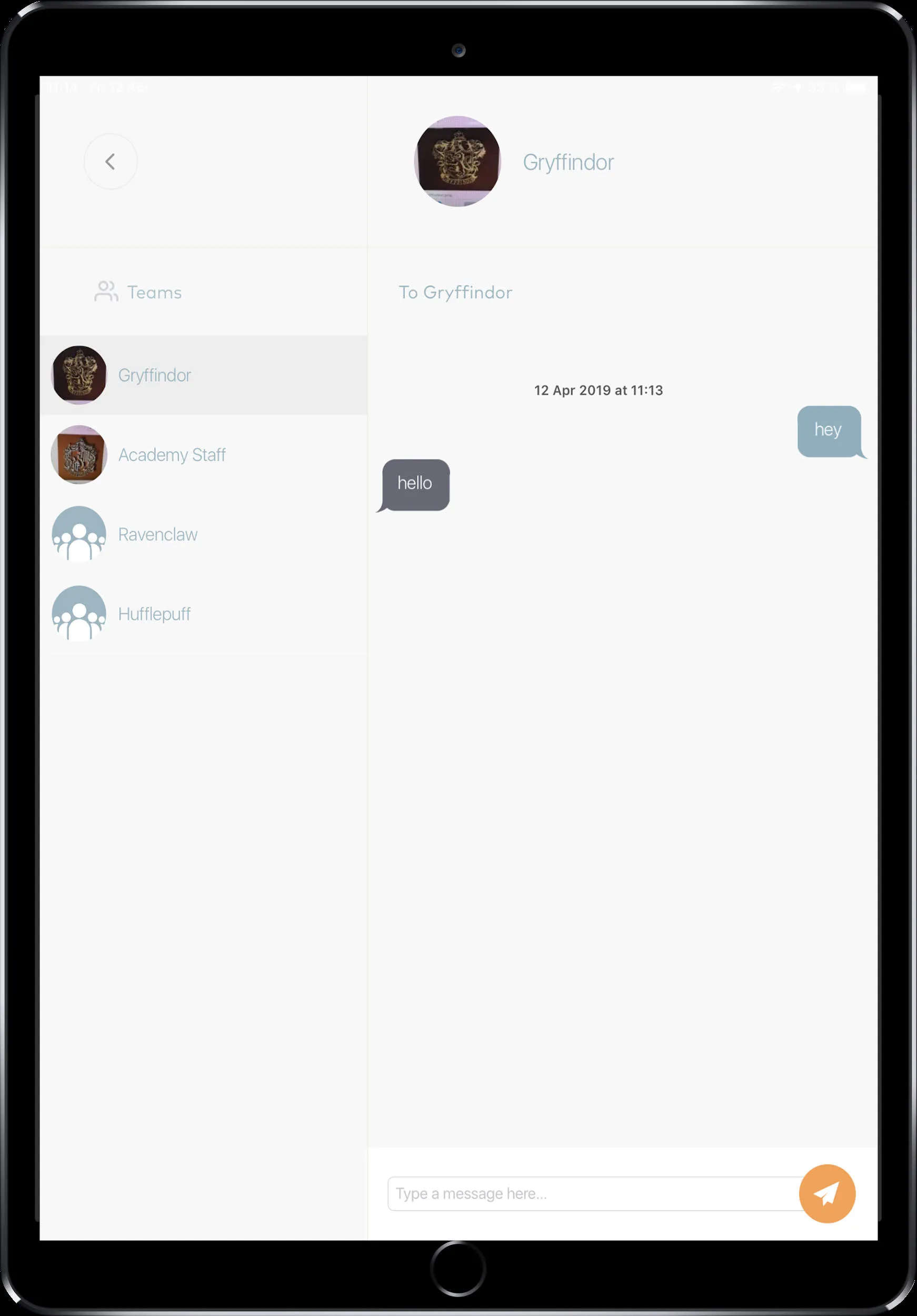 Chat screen showing team messaging during an event