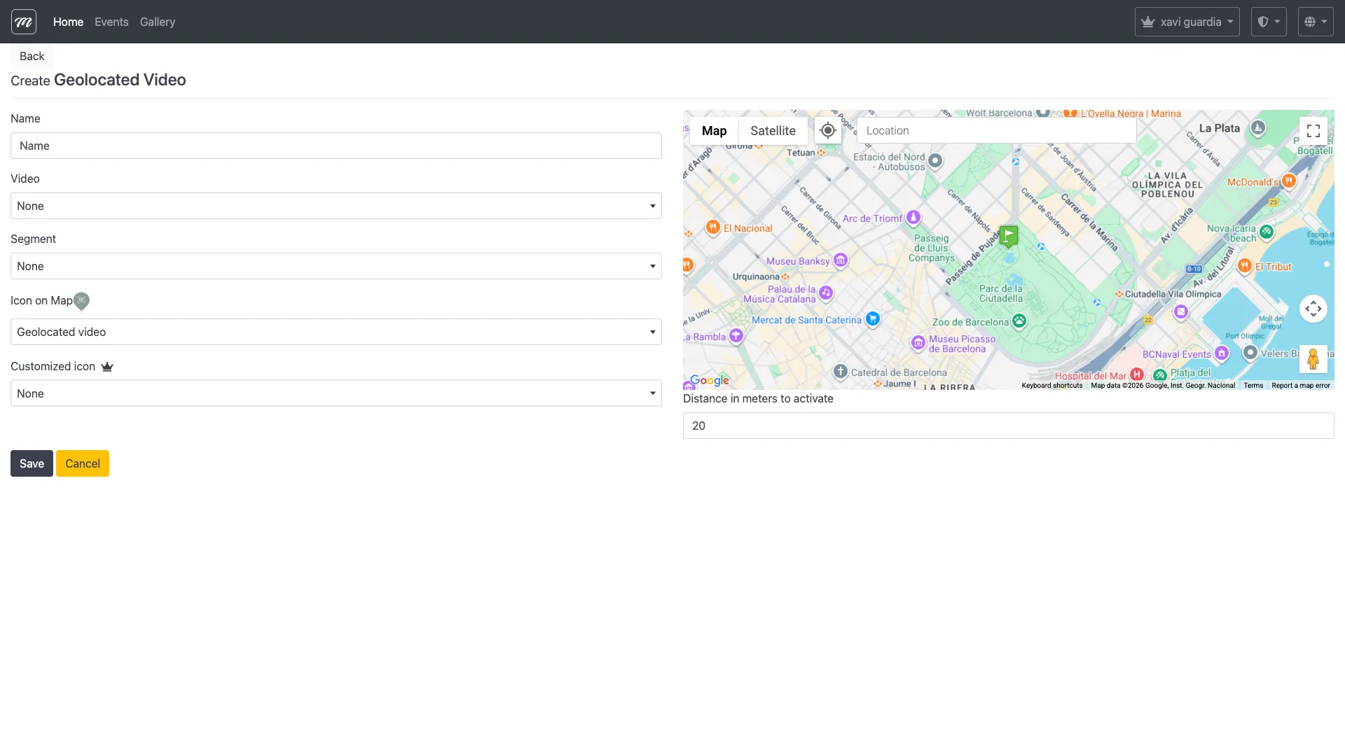 Formulario de creación del reto Vídeo geolocalizado mostrando el conjunto simplificado de campos: nombre, ubicación, distancia, vídeo, segmento e iconos del mapa
