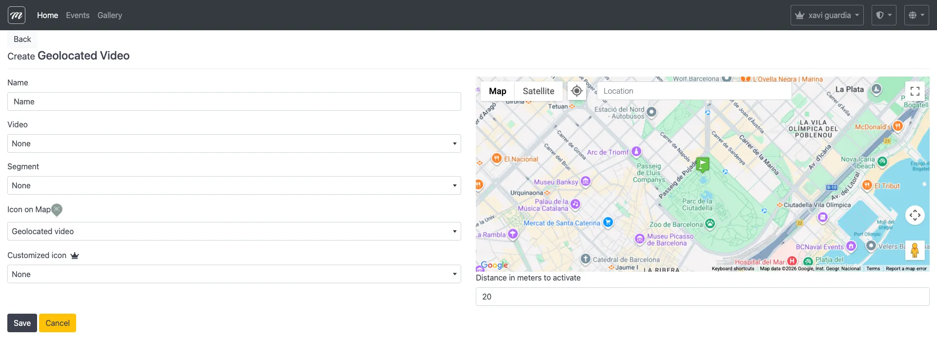 Geolocated Video challenge creation form showing the simplified field set: name, location, distance, video, segment, and map icons