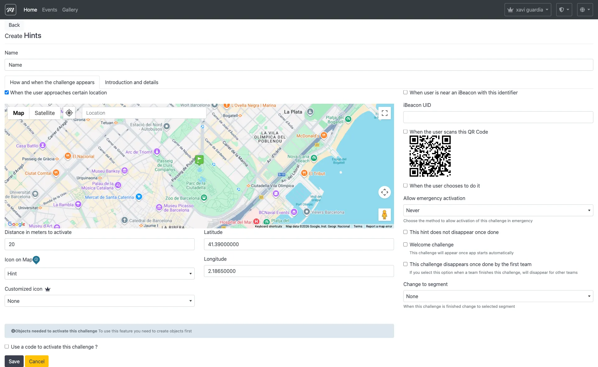 Formulario de creación del reto Pistas mostrando las opciones específicas: casillas de nunca desaparecer y reto de bienvenida