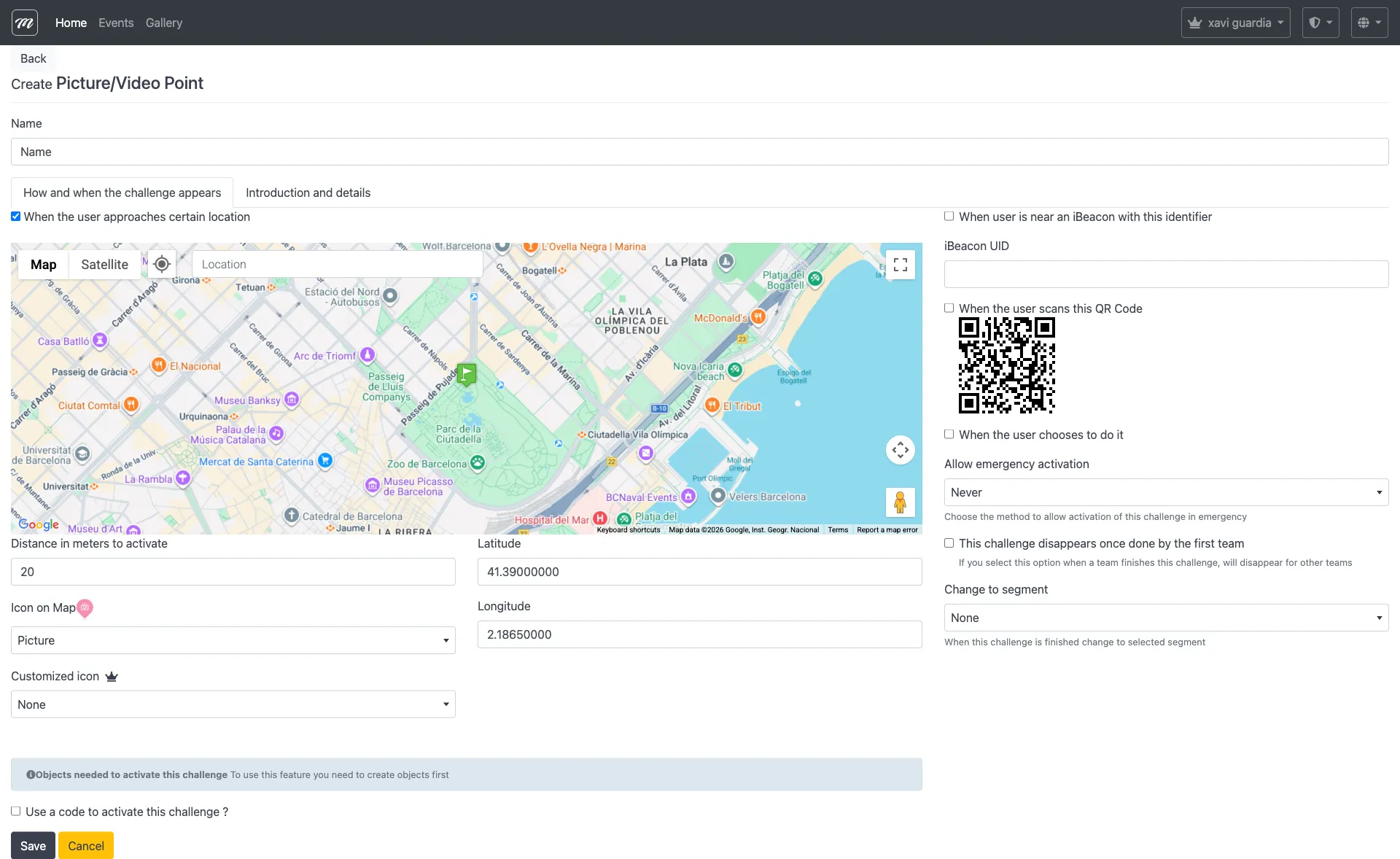 Formulario de creación del reto Punto de foto/vídeo mostrando la casilla de opción de grabación de vídeo