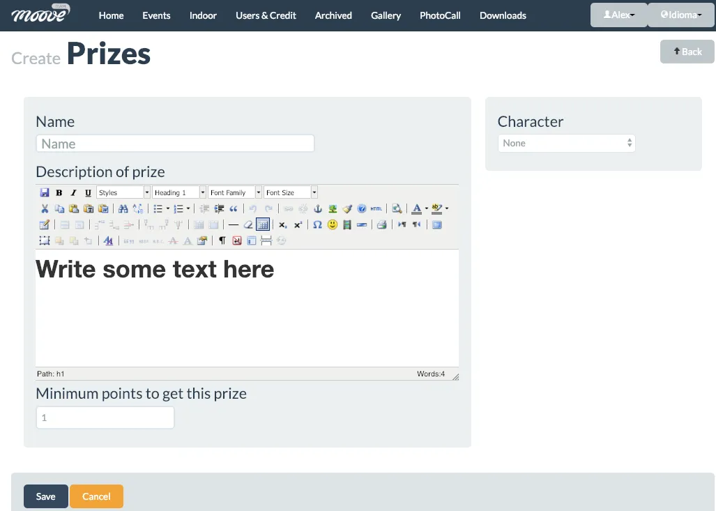 Prizes challenge creation form showing prize items and probability configuration