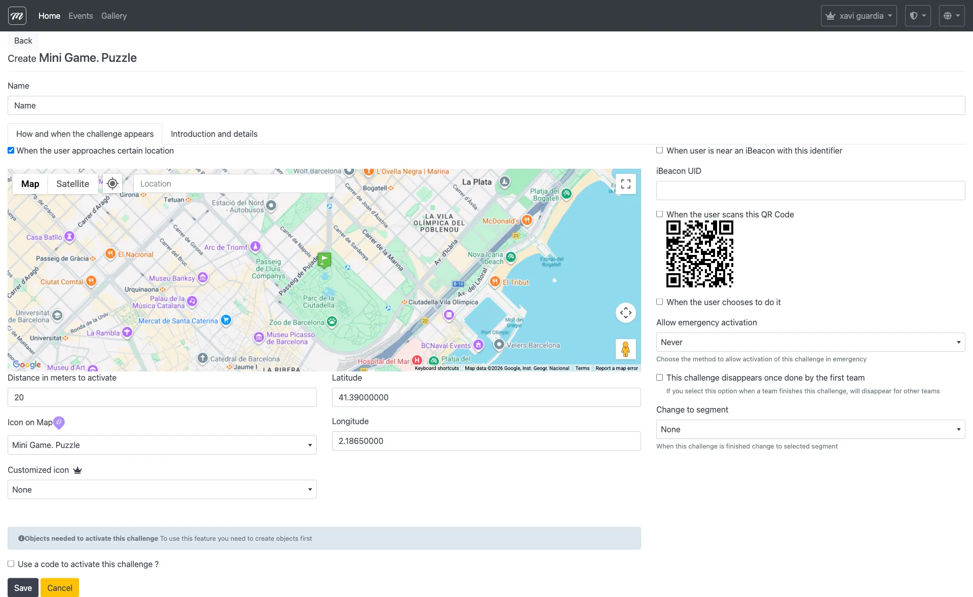 Formulario de creación del reto Puzzle mostrando los campos comunes estándar utilizados por todos los tipos de minijuego