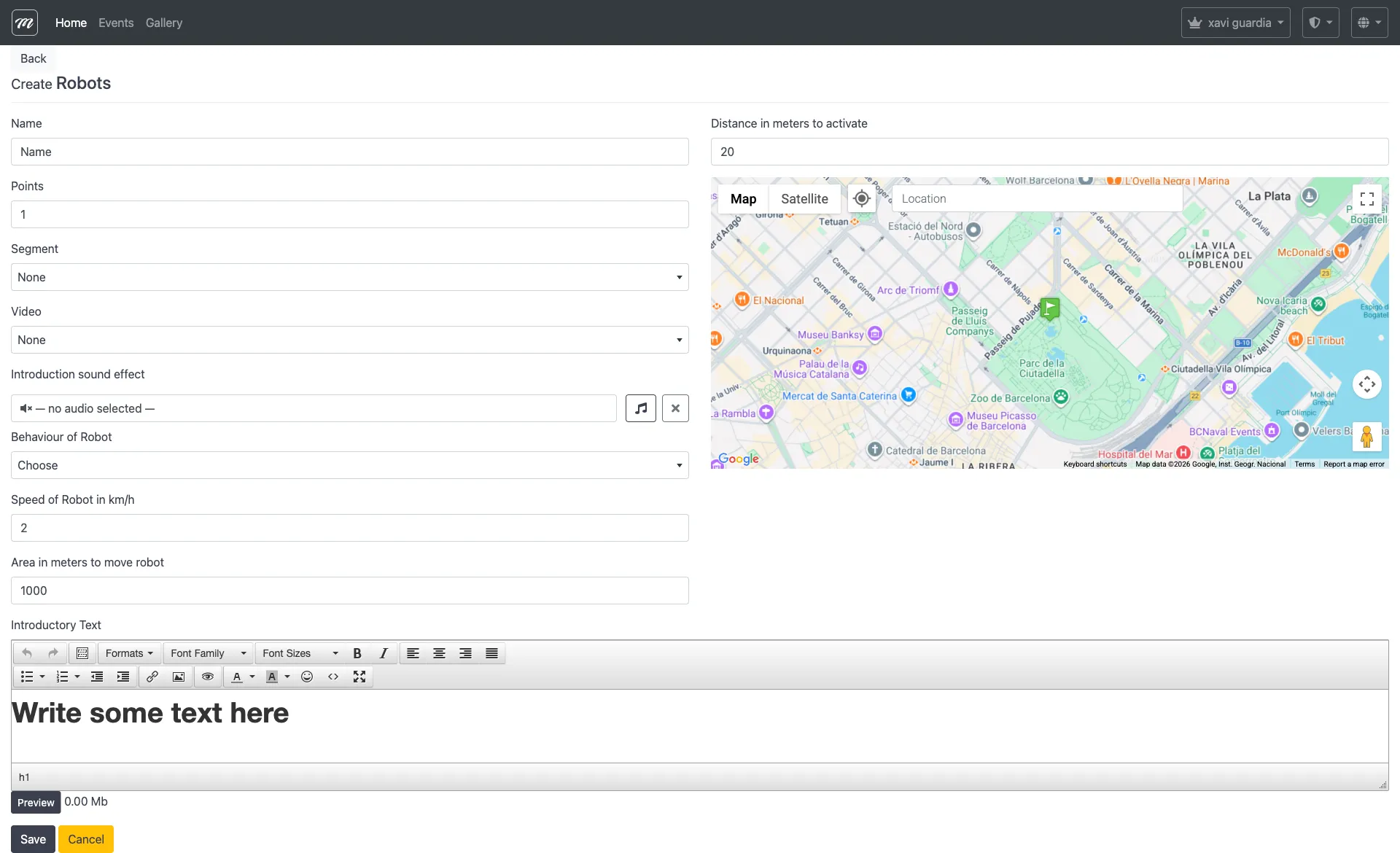 Formulario de creación del reto Robots mostrando los campos únicos: velocidad, área, distancia de activación y selector de comportamiento