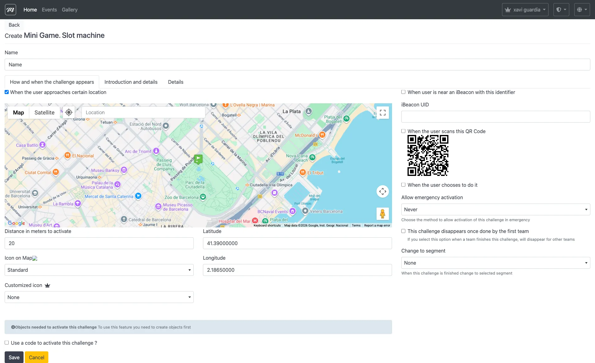 Formulario de creación del reto Máquina tragaperras mostrando los campos comunes estándar