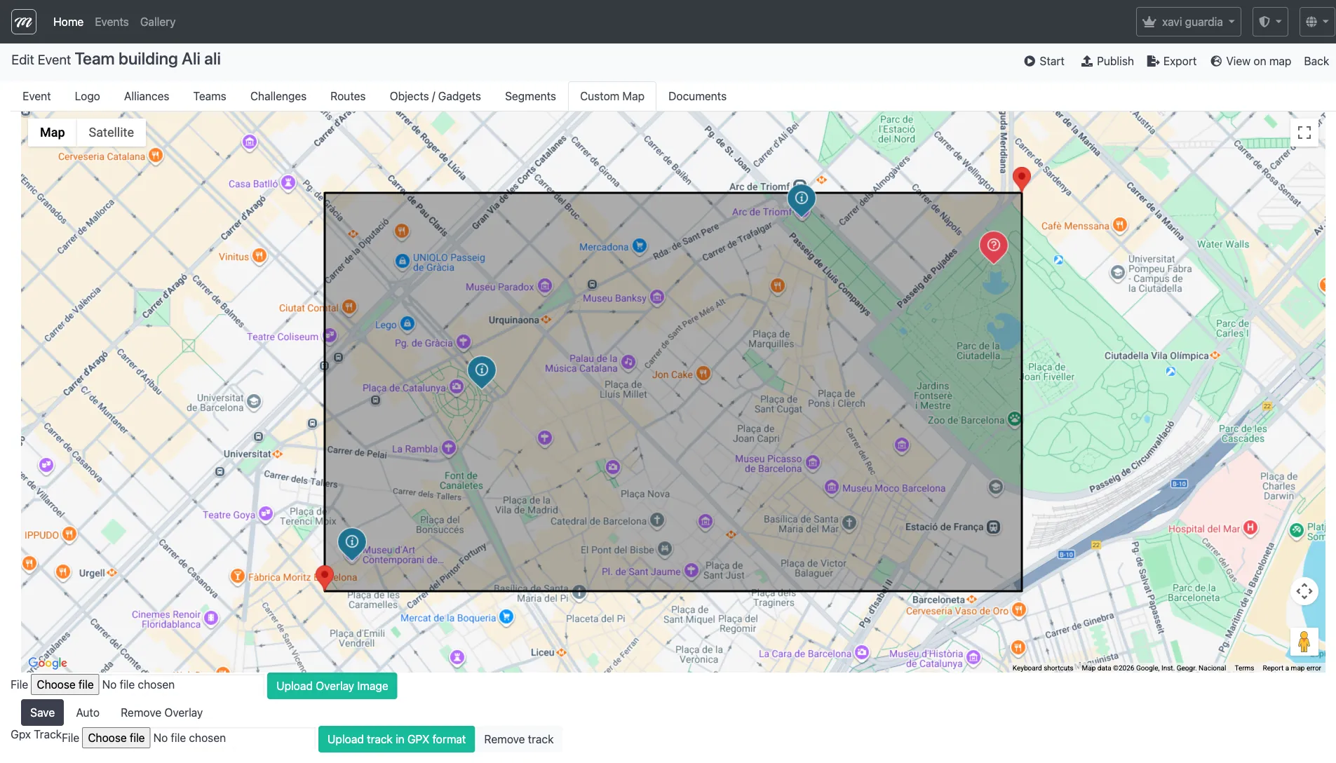 Custom Map tab showing a Google Maps widget with overlay controls and GPX upload section