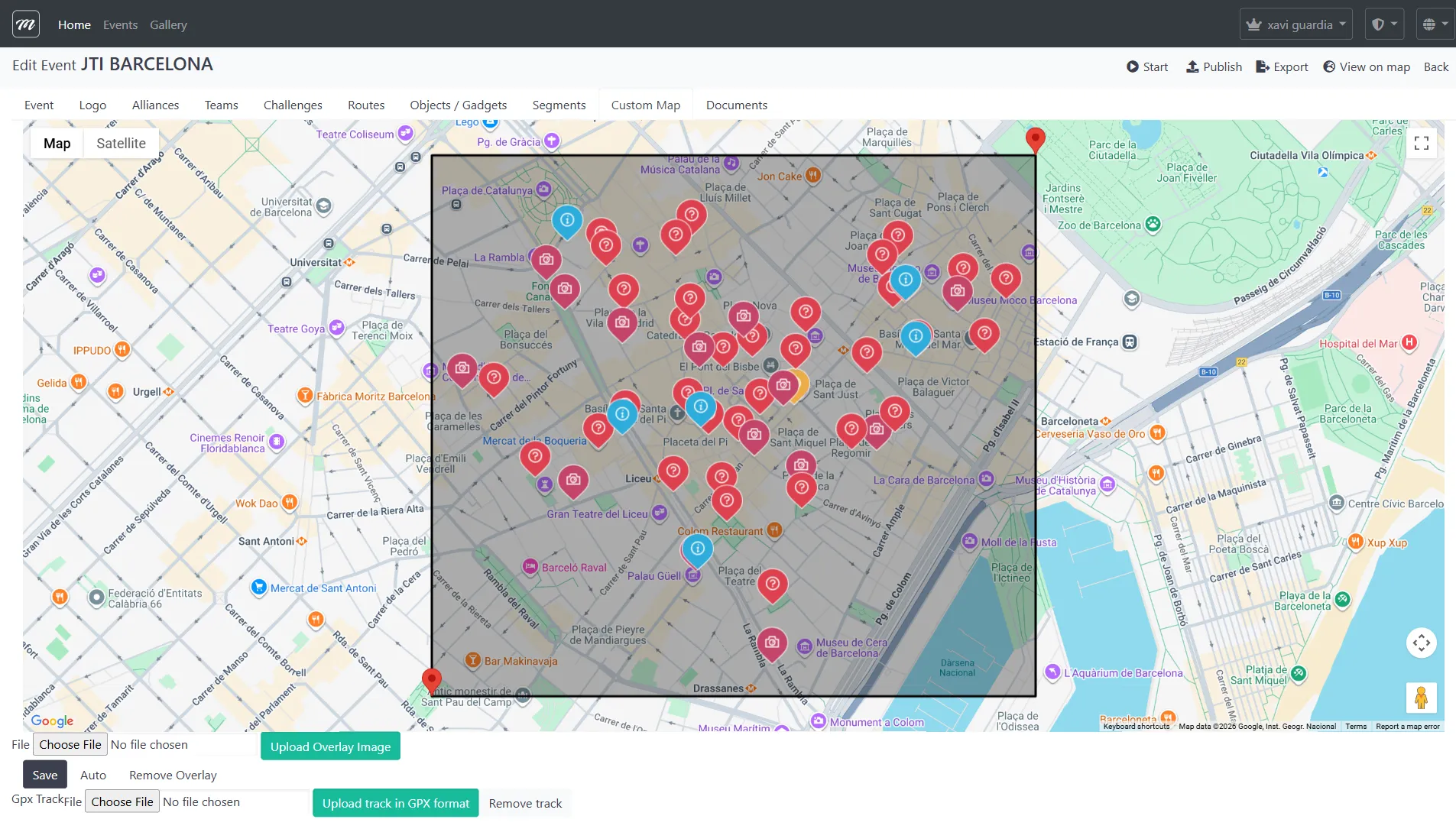 Custom map tab showing an illustrated Barcelona overlay on Google Maps