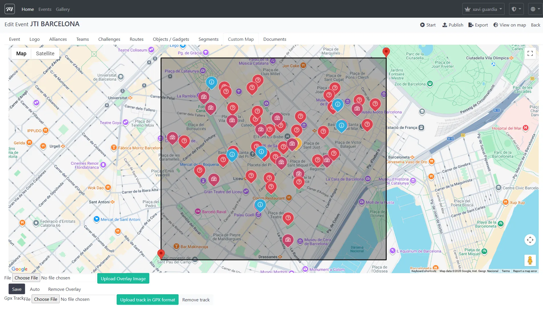 Pestaña de mapa personalizado mostrando una ilustración de Barcelona superpuesta a Google Maps