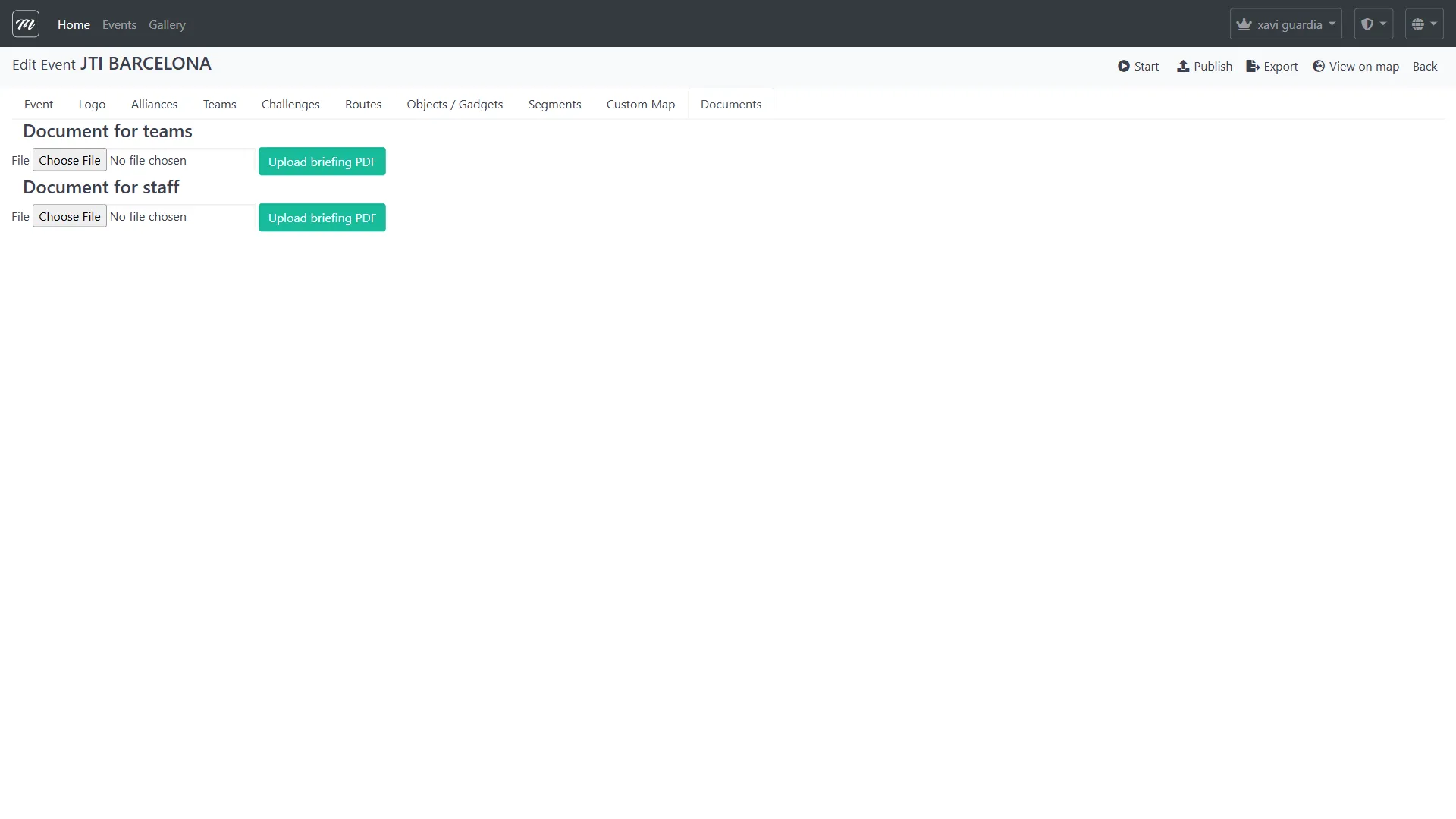 Pestaña Documents mostrando tres secciones: Teams, Staff y AR Package