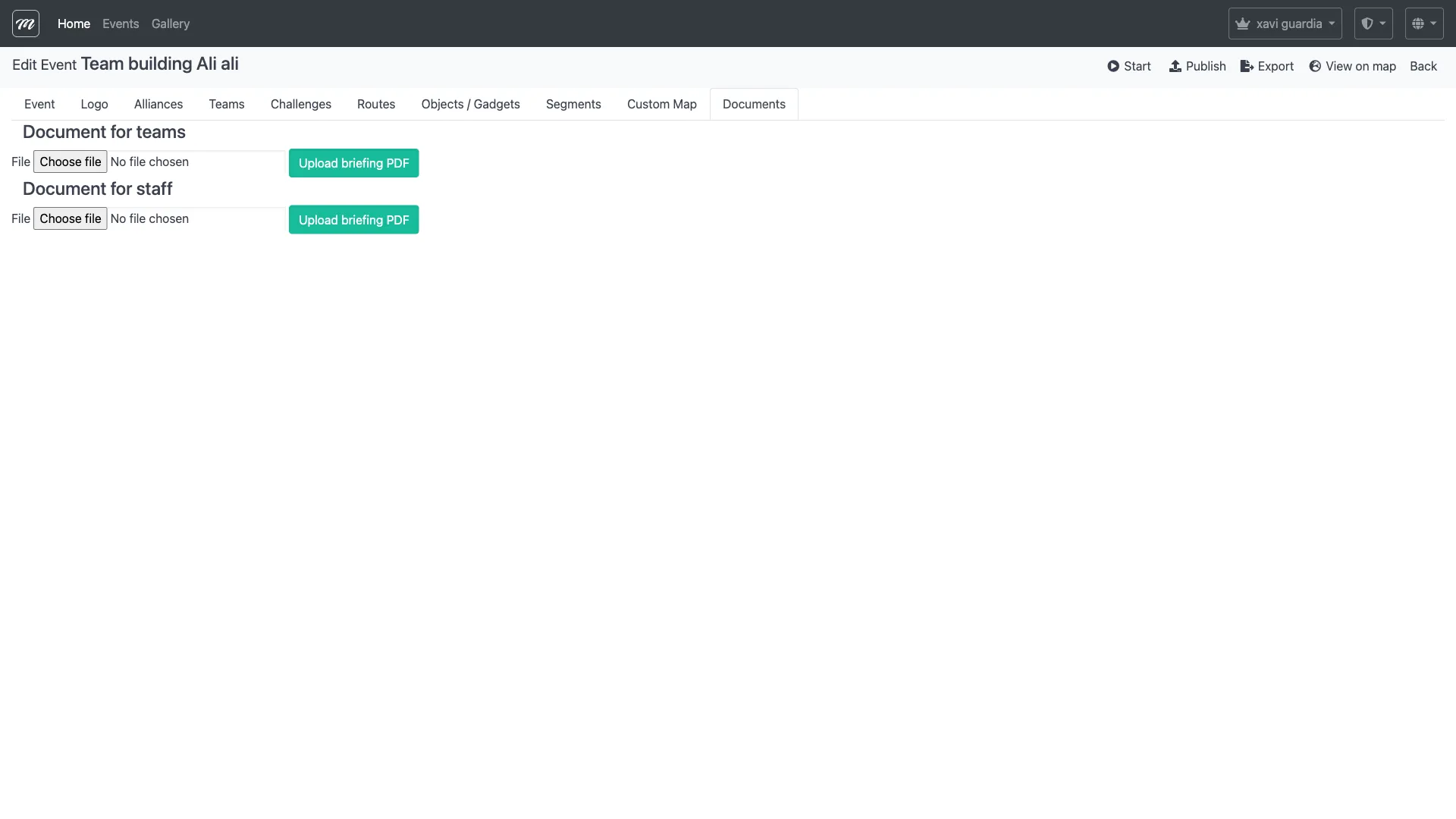 Pestaña Documents mostrando tres secciones: Document for Teams, Document for Staff y AR Package
