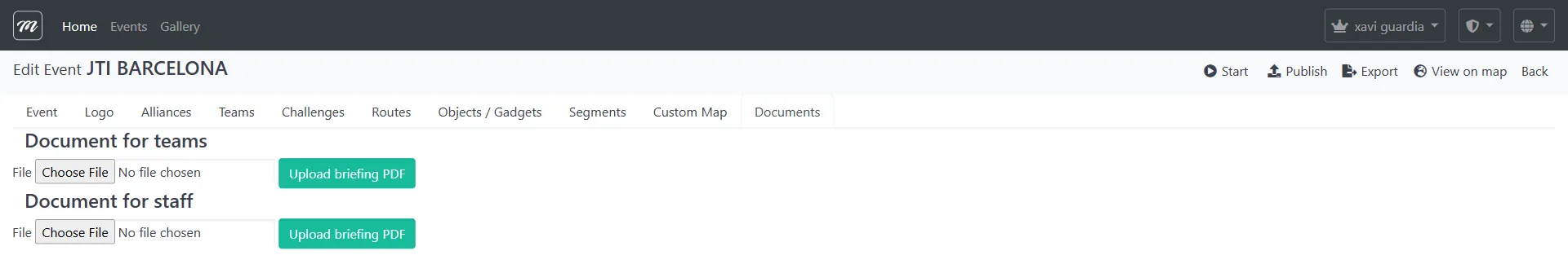 Documents tab showing three sections: Document for Teams, Document for Staff, and AR Package