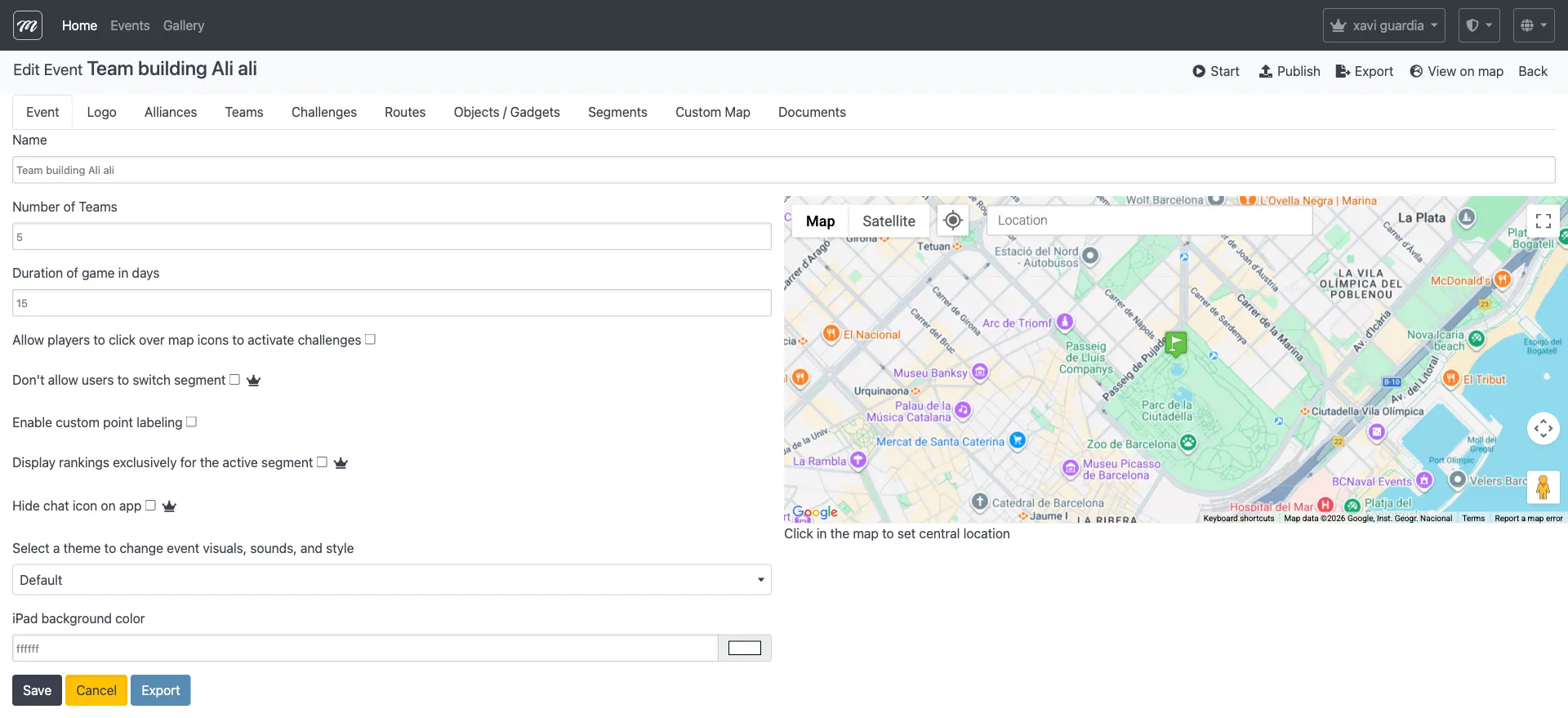 Event tab showing gameplay checkboxes including the map-tap activation option
