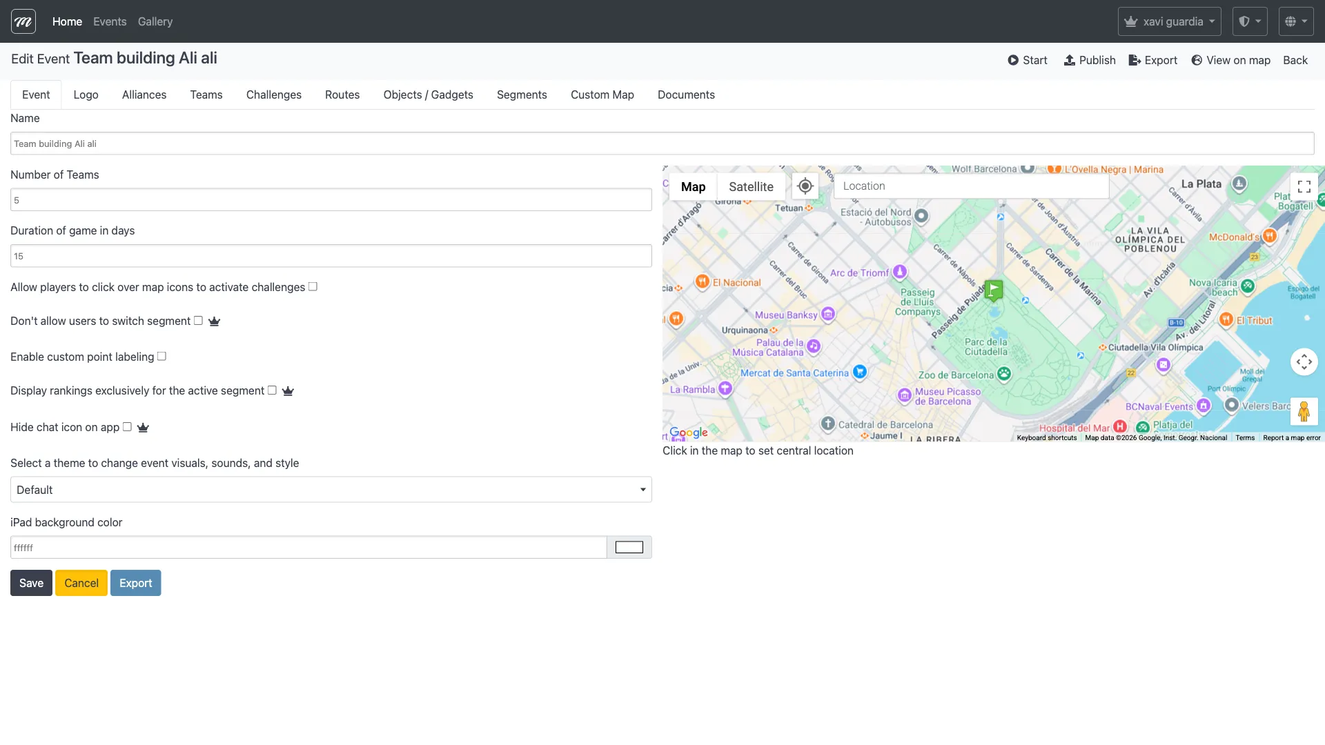 Pestaña Event mostrando el formulario de configuración general con nombre, duración, casillas de verificación de juego, selector de tema y selector de ubicación de Google Maps