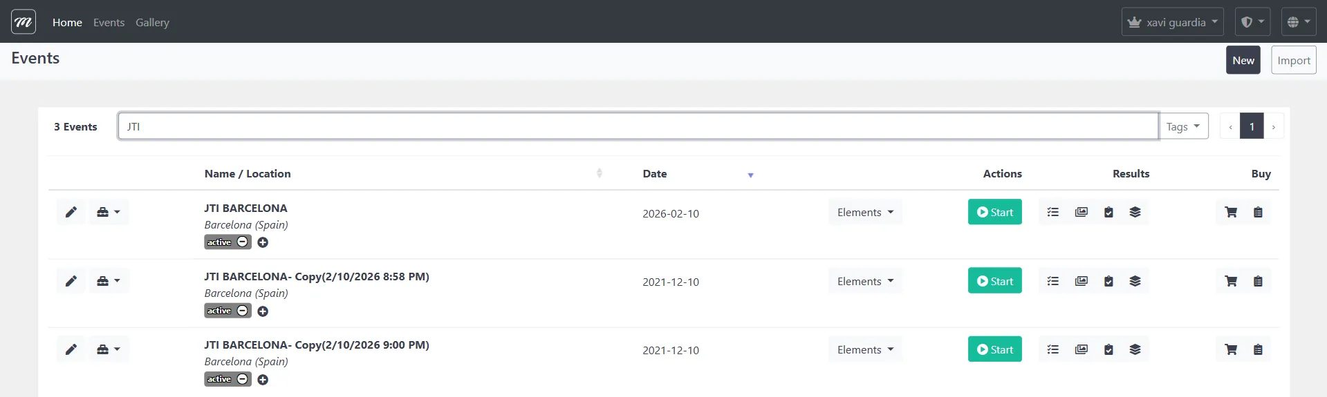 Events list showing Start button (green), result icons, and dropdown menu for each event