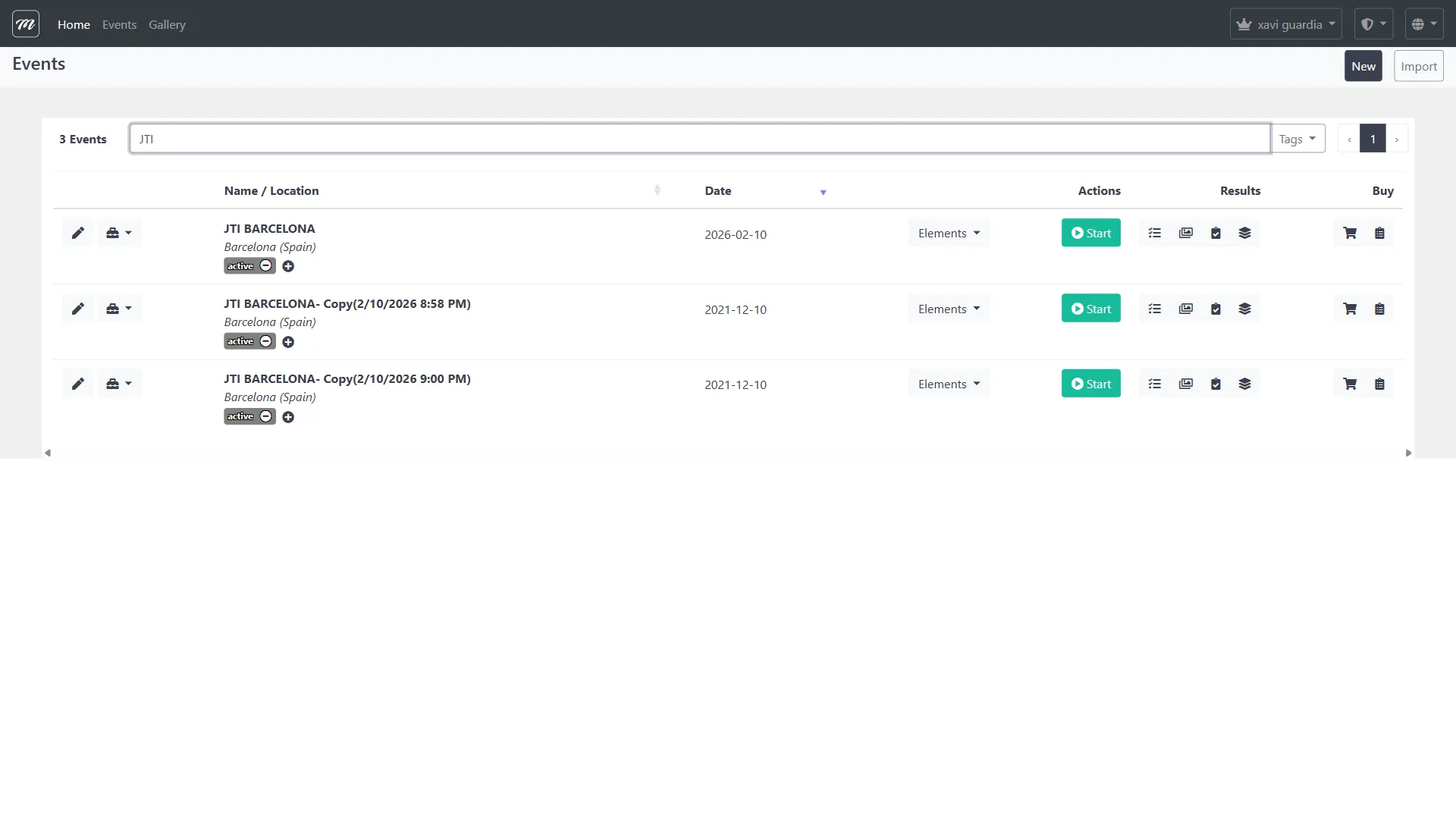 Lista de eventos con el botón New visible en la barra de herramientas superior