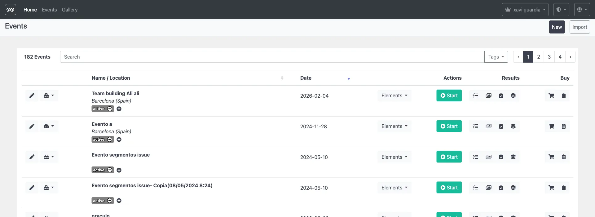 Lista de eventos mostrando una tabla paginada con botones de acción