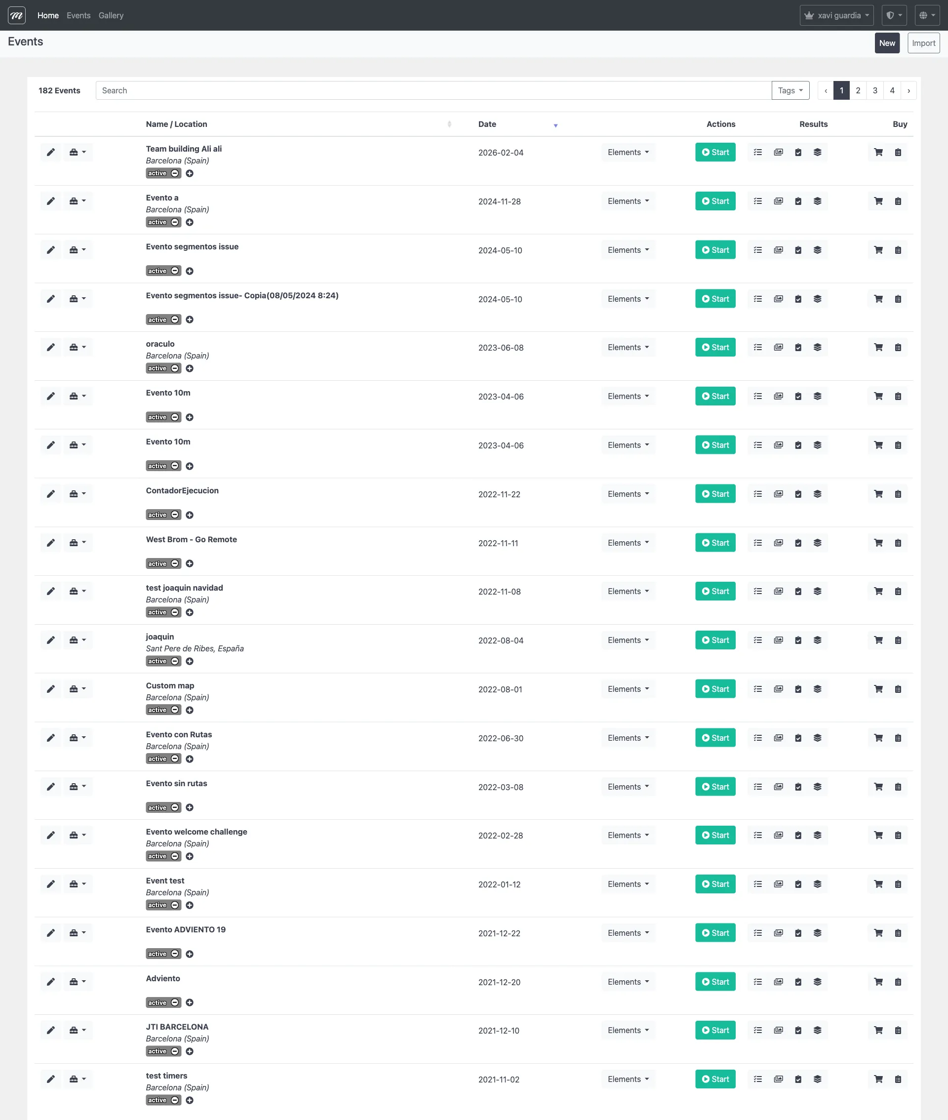 Lista de eventos mostrando una tabla paginada de eventos con botones de acción