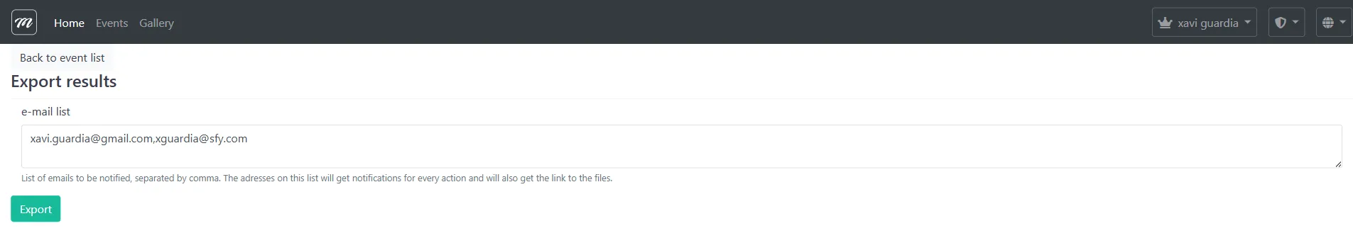 Export results option in the event row dropdown