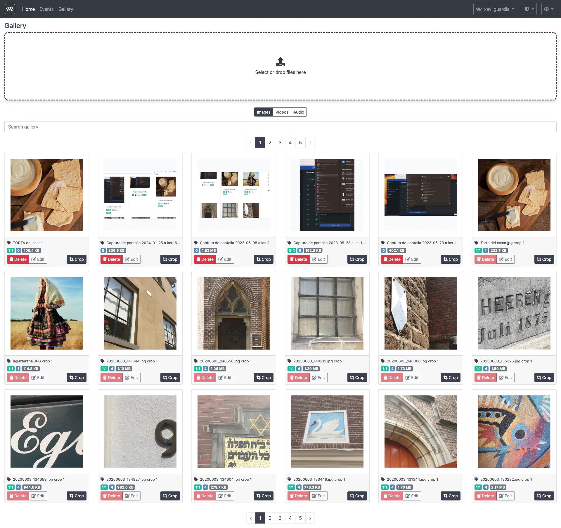 Gallery main view showing a thumbnail grid of uploaded images on the left with search, pagination, and aspect ratio badges, and a drag-and-drop upload area on the right