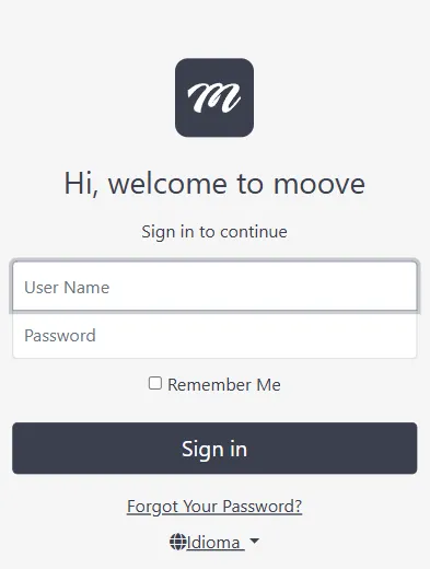 Login page showing the Moove logo, User Name and Password fields, Remember Me checkbox, Sign in button, Forgot Your Password link, and language selector