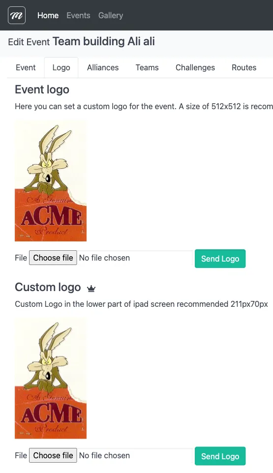Logo tab showing two file upload sections: event logo at top and bottom-bar logo below