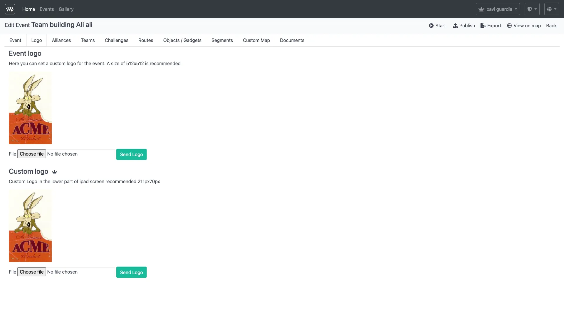 Pestaña Logo mostrando dos secciones de carga de archivo: logo del evento arriba y logo de la barra inferior debajo