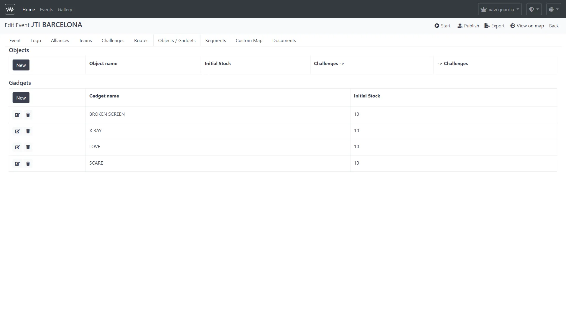 Pestaña Objects y Gadgets mostrando 4 gadgets configurados con niveles de stock