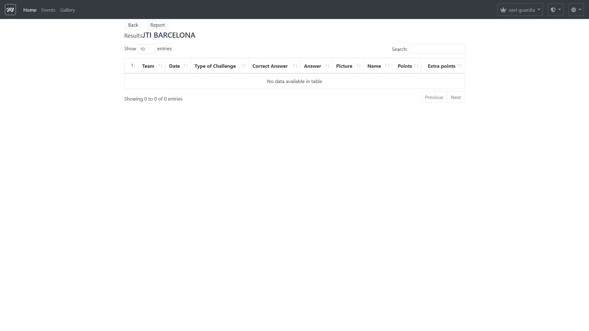 Página de lista de resultados mostrando la tabla interactiva con columnas para equipo, fecha, tipo de reto, respuestas y puntos