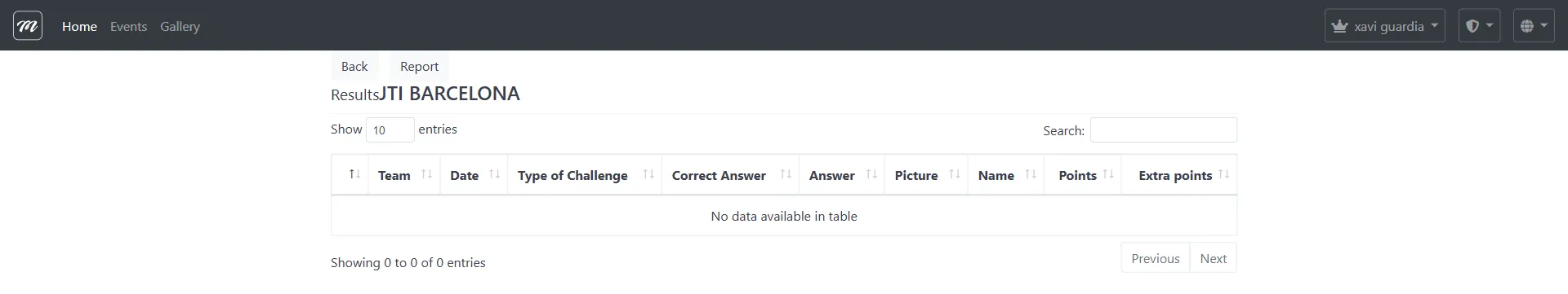 Results list showing all scoring records: team, date, challenge type, answers, points