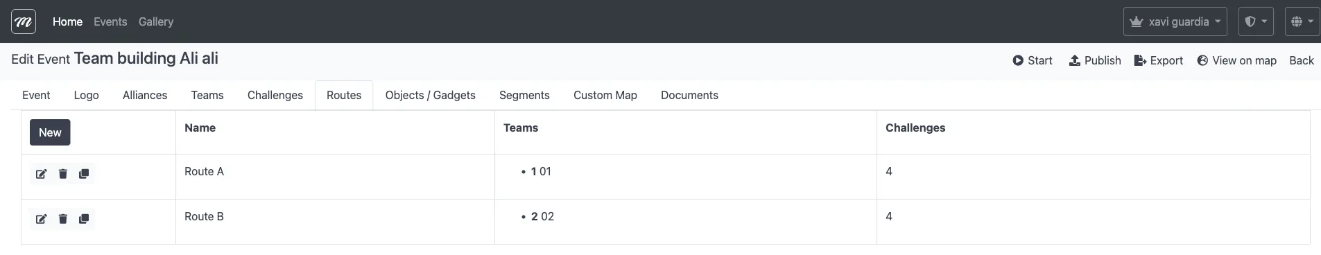 Routes list showing defined routes for the event