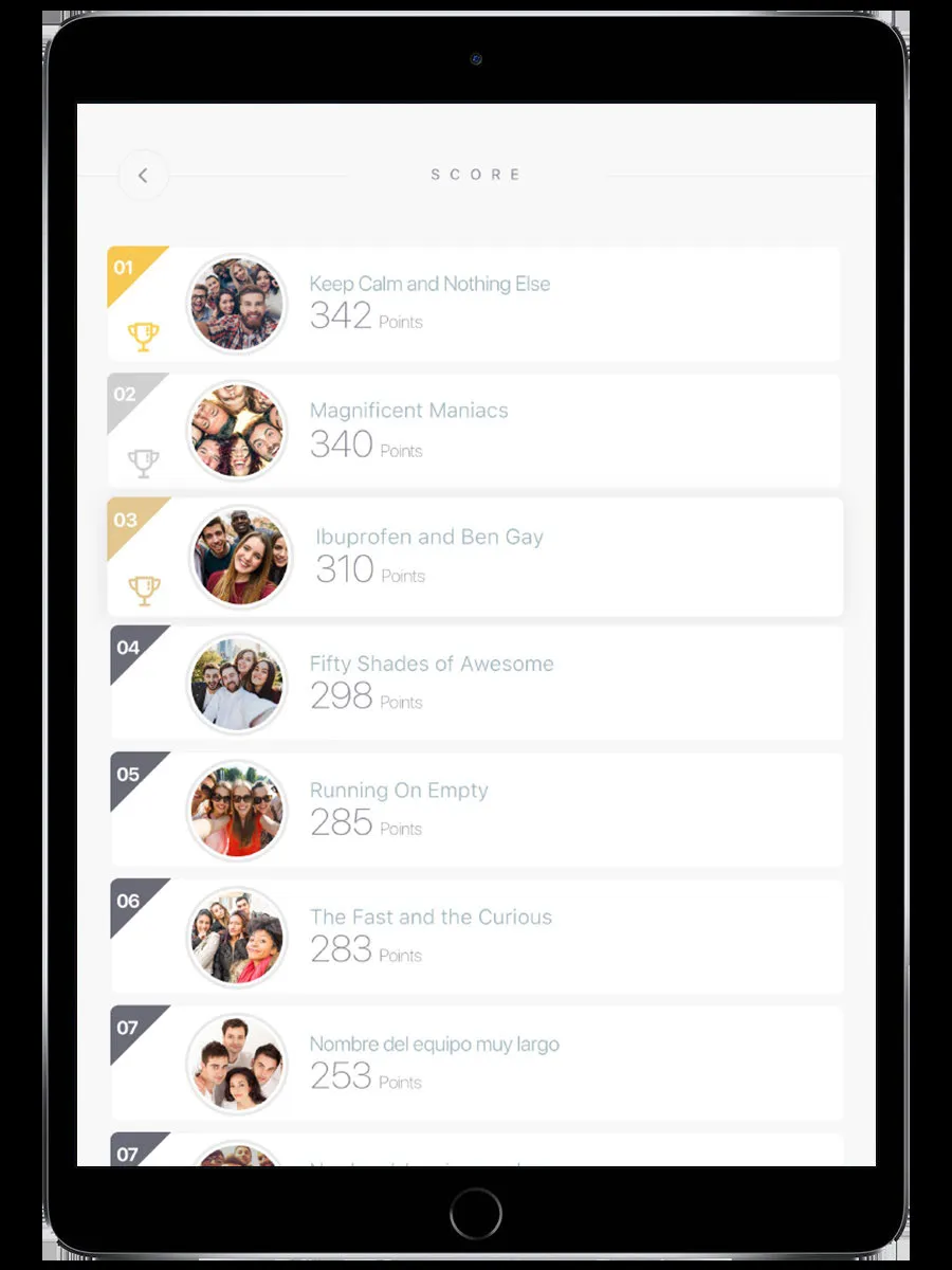 Ranking screen showing team positions and scores