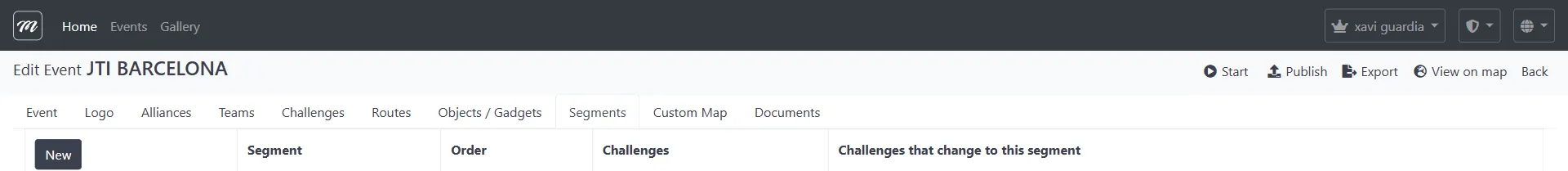 Segments tab showing an empty segment list with column headers