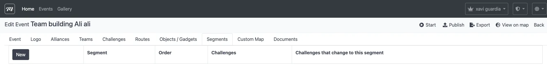 Segments list showing event phases