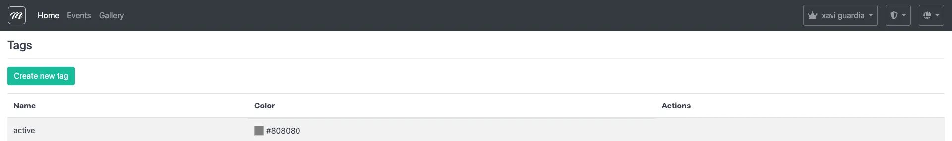 Tags page showing the tags table with one tag ("active" in gray) and the Create new tag button