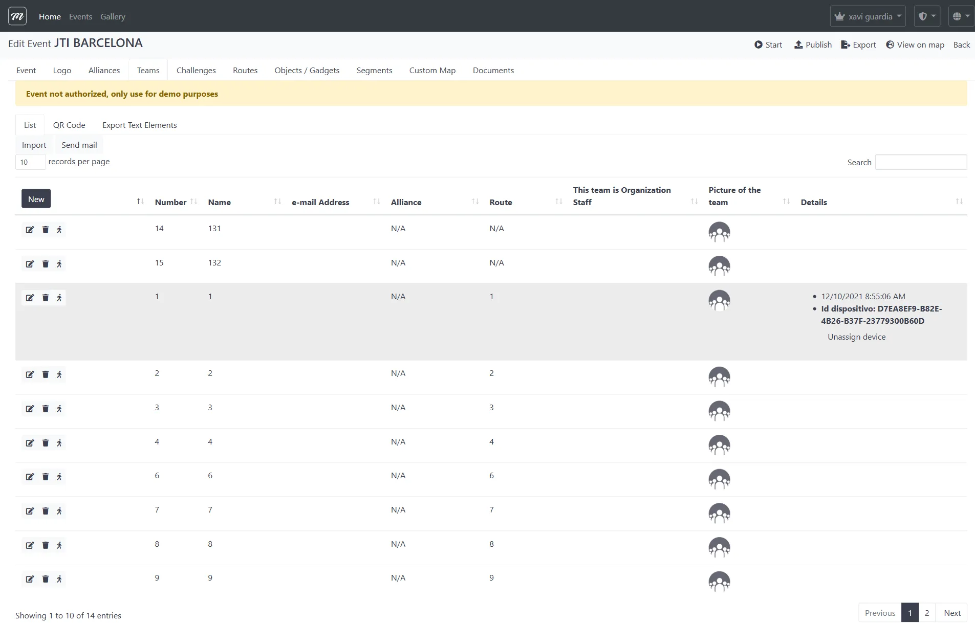 Lista de equipos mostrando 14 equipos en el evento JTI Barcelona con columnas Number, Name, Alliance, Route, Staff, Picture y Details incluyendo asignación de dispositivo