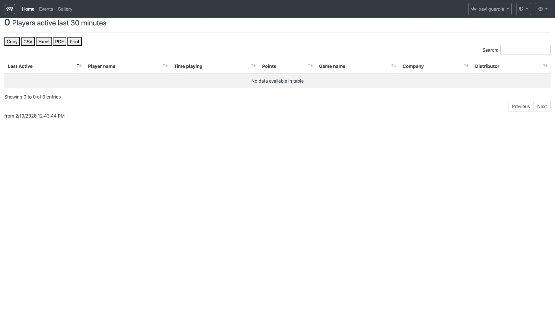 Página de seguimiento mostrando la tabla de jugadores activos con encabezados de columna y botones de exportación