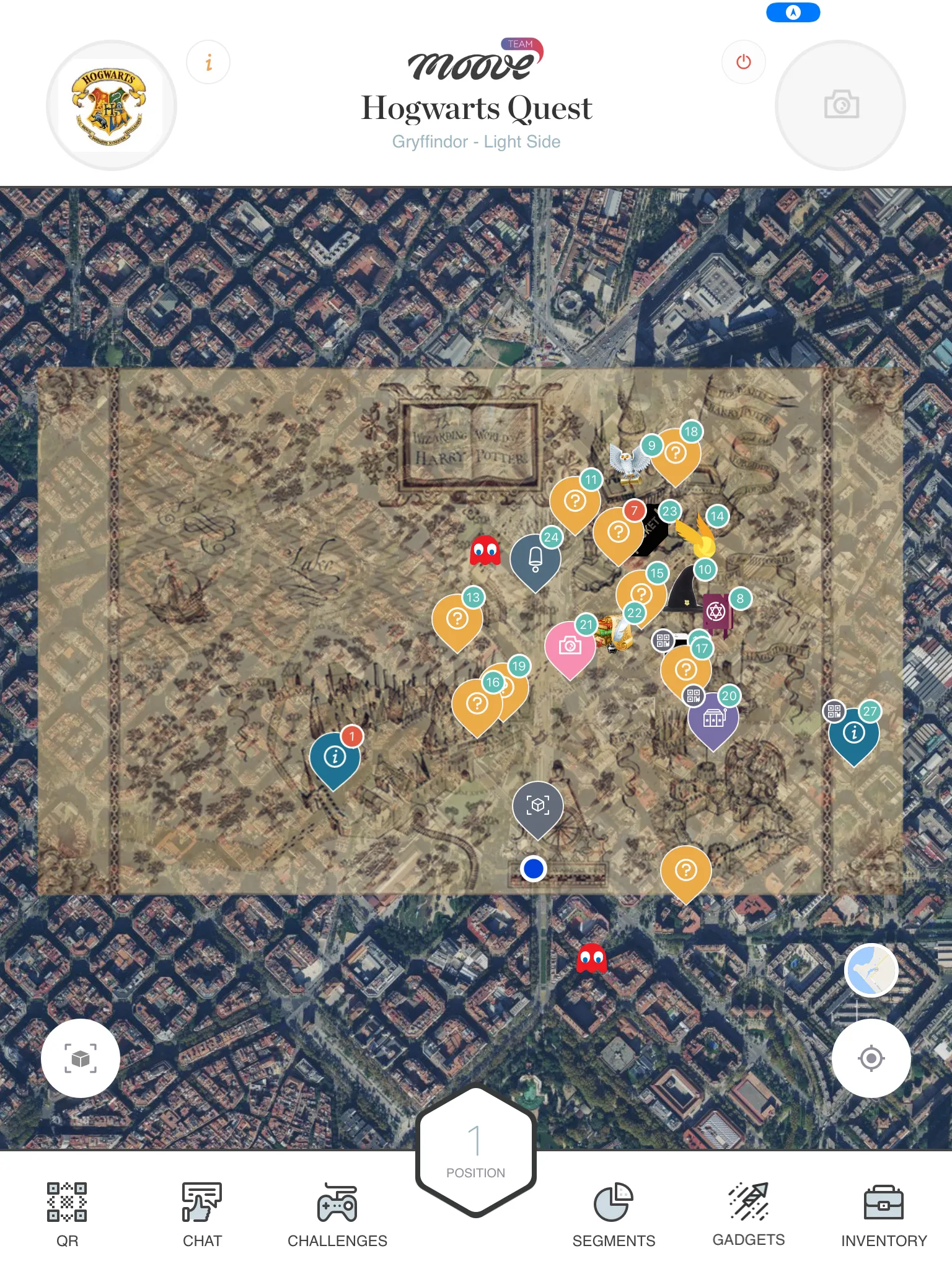 Map view showing challenge markers, player position, and the navigation bar