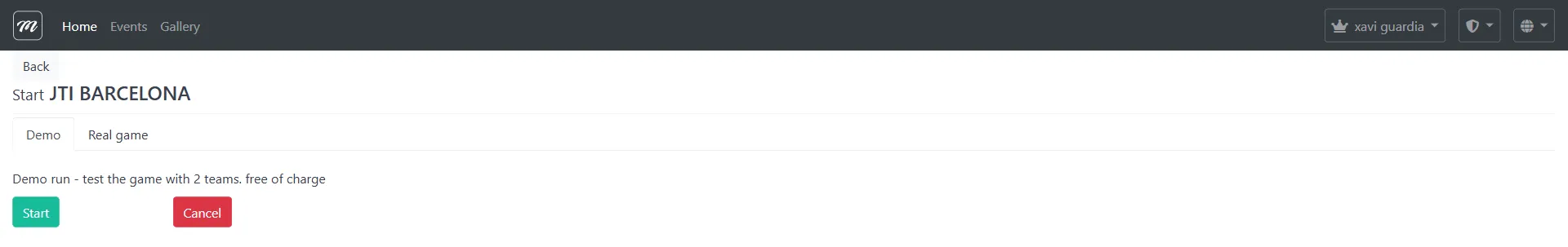 Pre-start confirmation page showing event name and Demo / Real Game tabs