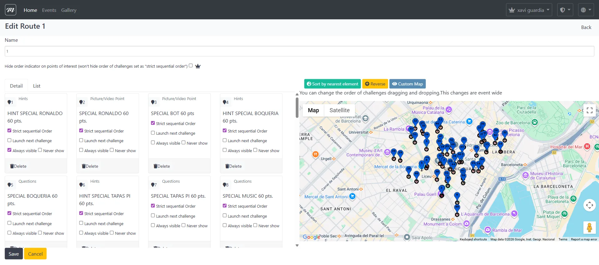 Route detail showing challenge cards with ordering controls and a map with blue pins