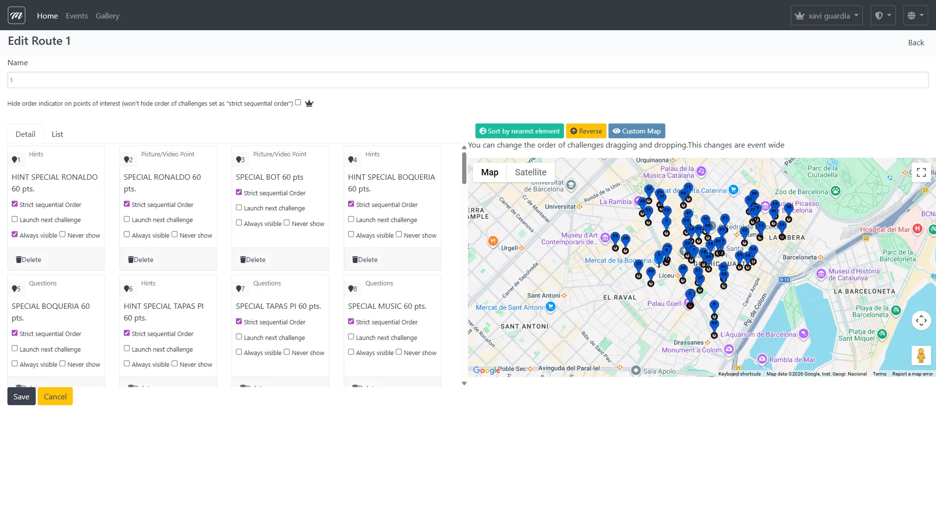 Detalle de ruta mostrando tarjetas de retos con controles de ordenación y un mapa con pines azules