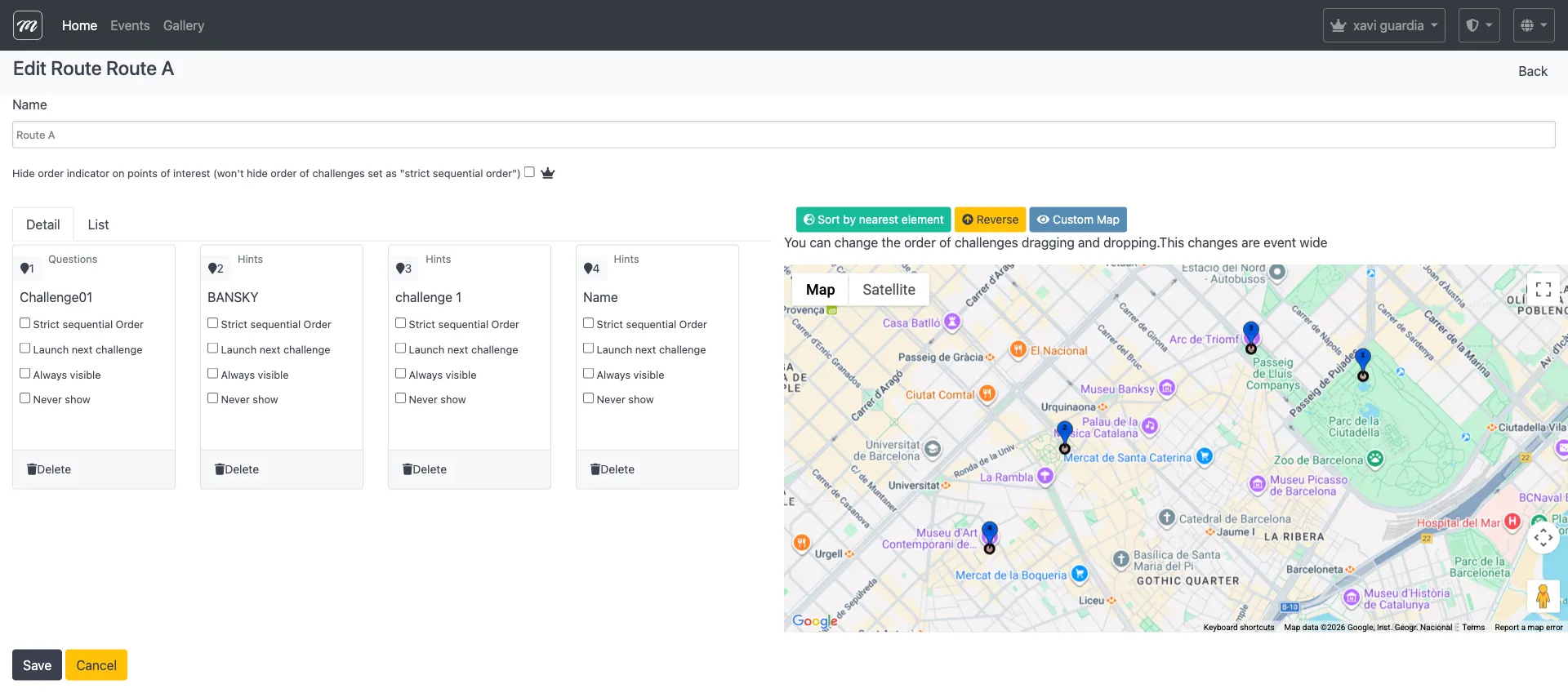 Route detail page showing challenge cards with ordering controls and a map with pins