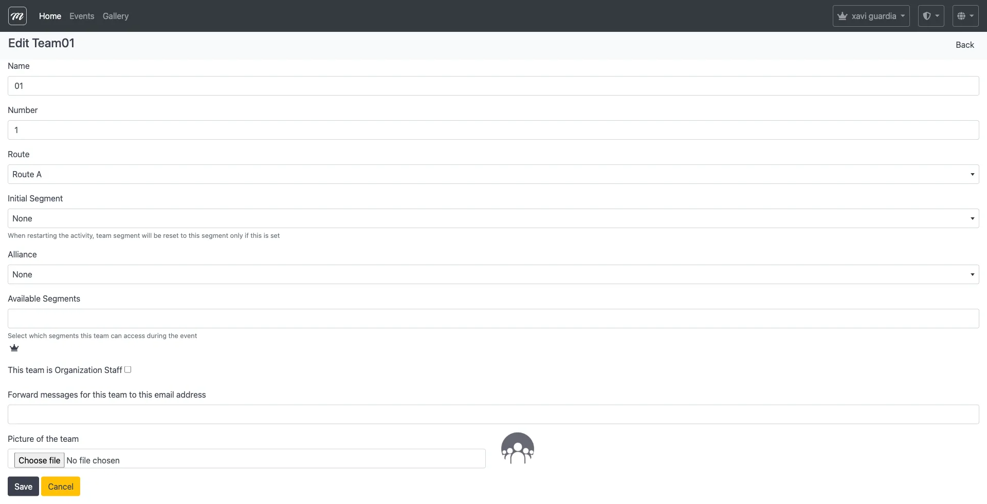 Edit team form showing same fields as create plus Picture of the team file upload with current image preview