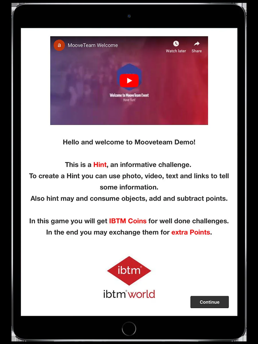 Clue challenge screen showing a YouTube video embed, hint label, and IBTM event branding