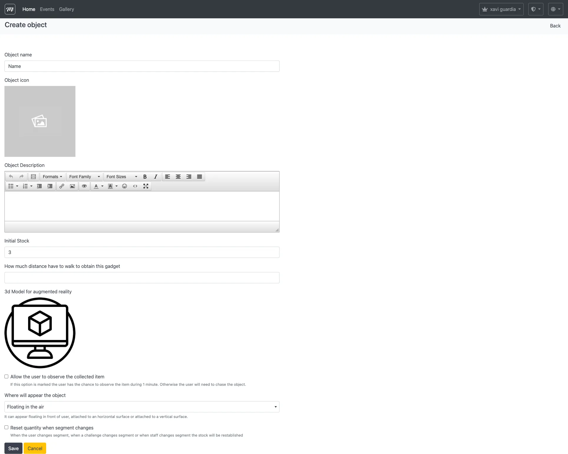 Formulario de creación de objeto mostrando campos: Object name, Object icon (selector de galería), Object Description (editor de texto enriquecido), Initial Stock (3), distance to walk, selector de modelo 3D, casilla observe, desplegable display location y casilla reset quantity