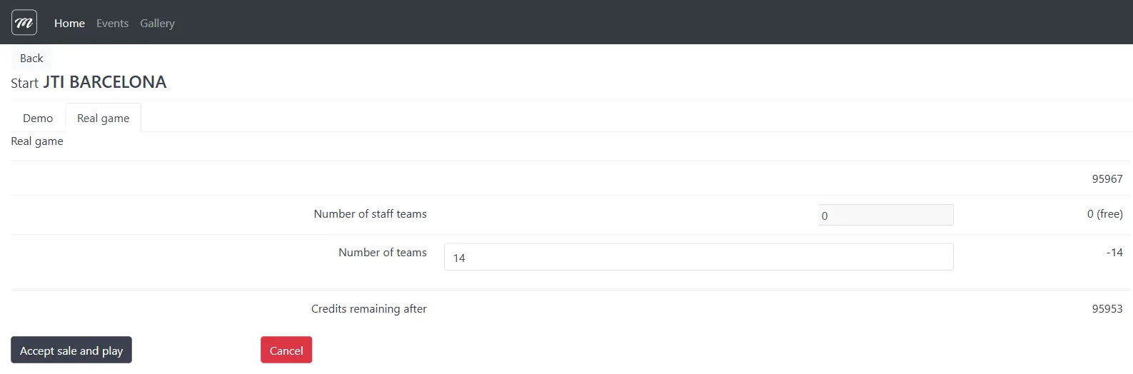Real Game tab showing credit balance, team counts, and cost calculation